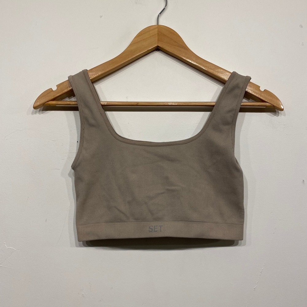 SET Active Ribbed Square Neck Crop Top Bra Mushroom Taupe Small